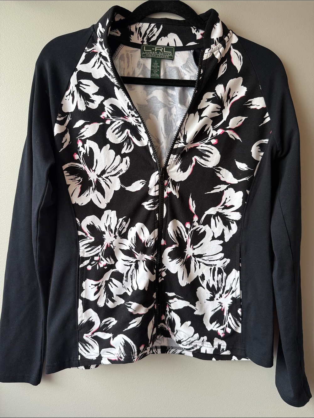 Ralph Lauren Active Black Floral Zip Jacket with Pink Accents S cotton pockets